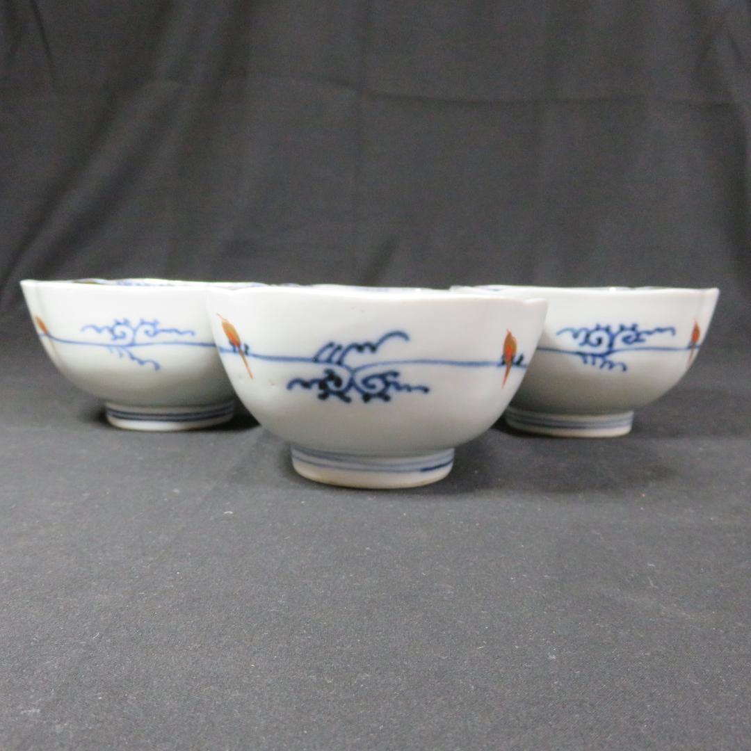 向付 小鉢 4客 色絵 角鉢 壽 瓢箪 花柵 唐草 古伊万里 窯傷