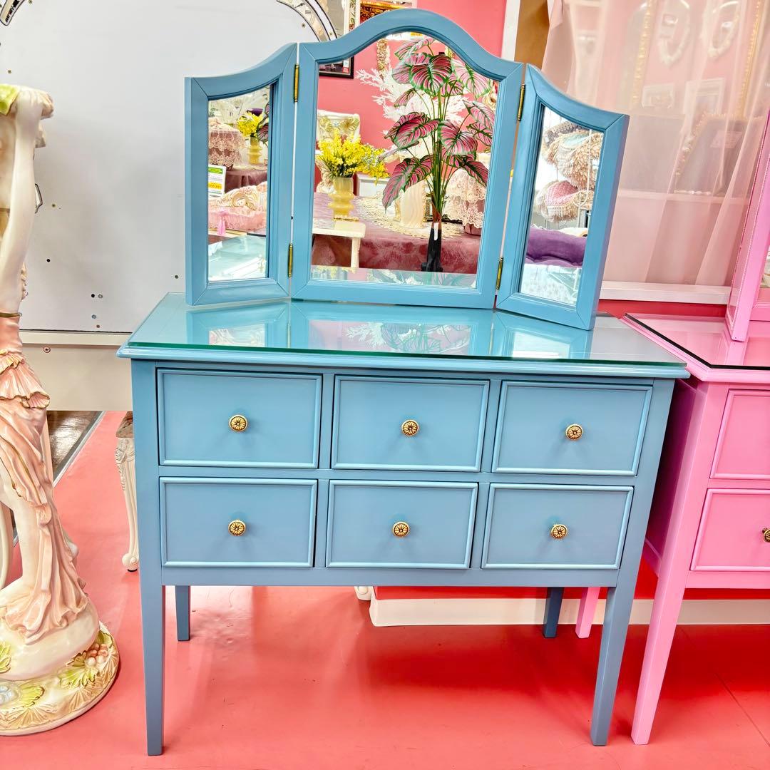 ブルー 3面鏡付 ドレッサー マホガニー材 3面鏡 高級 綺麗 開梱設置サービス