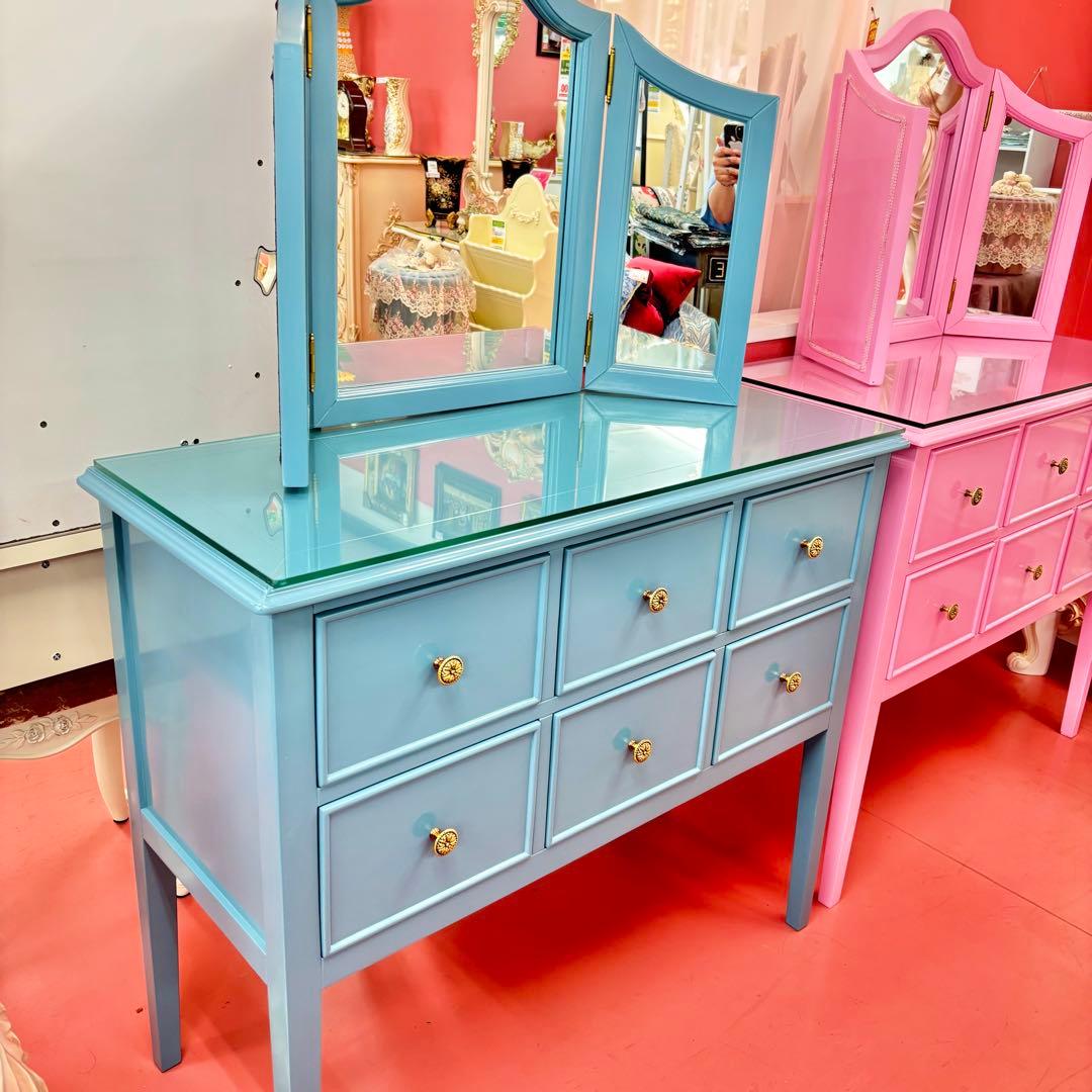 ブルー 3面鏡付 ドレッサー マホガニー材 3面鏡 高級 綺麗 開梱設置サービス