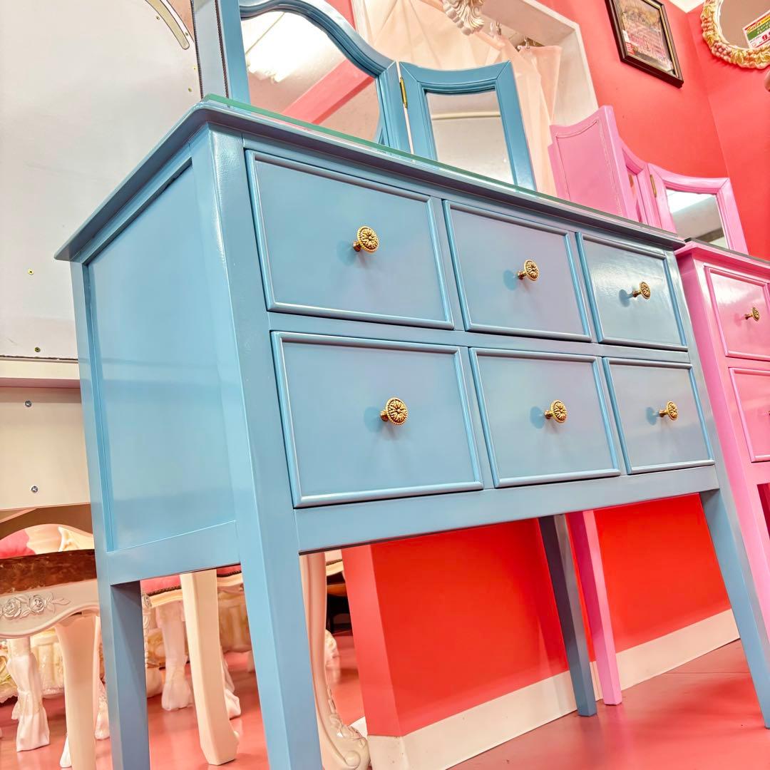 ブルー 3面鏡付 ドレッサー マホガニー材 3面鏡 高級 綺麗 開梱設置サービス