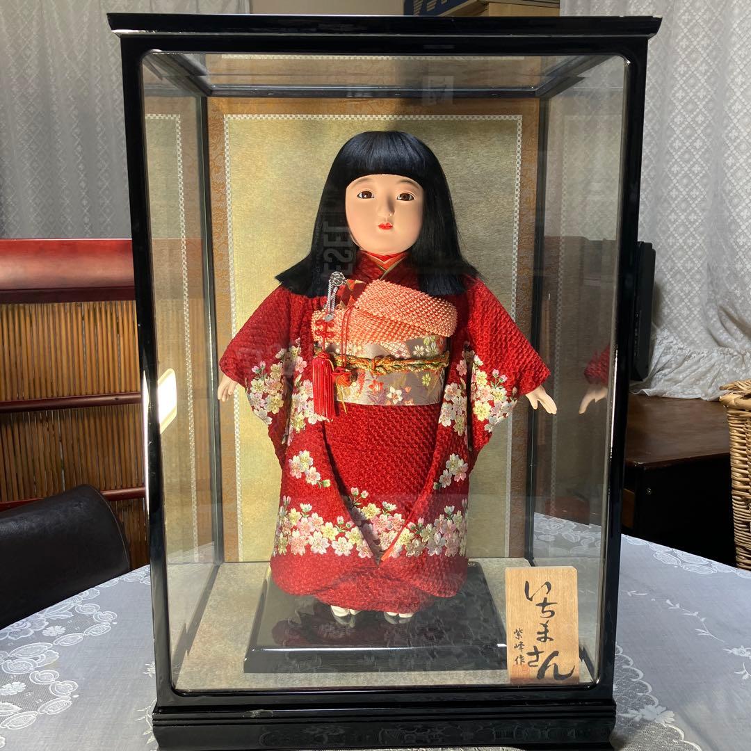 市松人形 ガラスケース入り 赤地桜着物 銘札あり