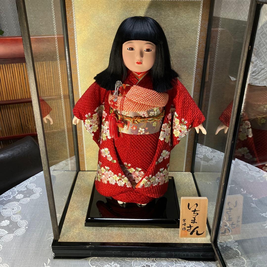 市松人形 ガラスケース入り 赤地桜着物 銘札あり