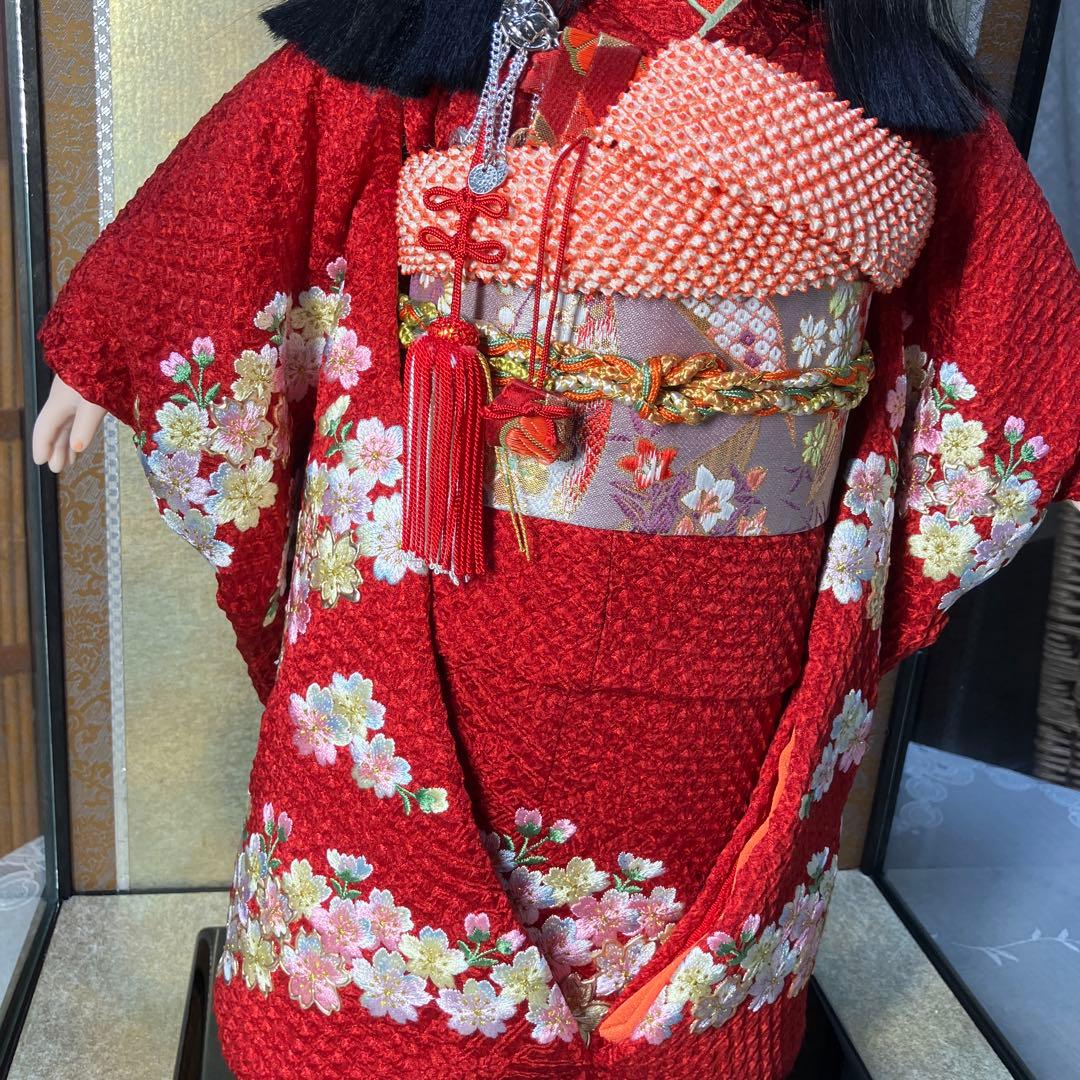 市松人形 ガラスケース入り 赤地桜着物 銘札あり