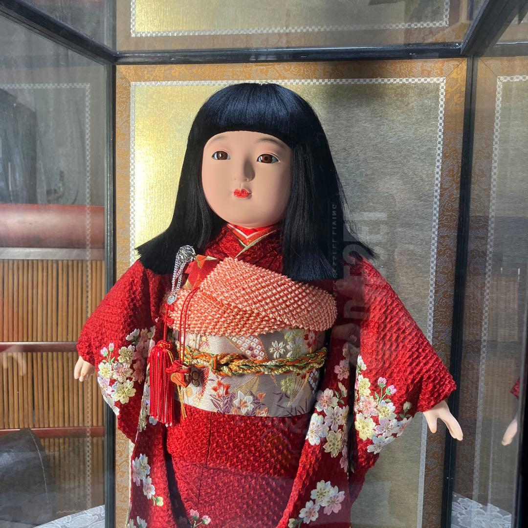 市松人形 ガラスケース入り 赤地桜着物 銘札あり