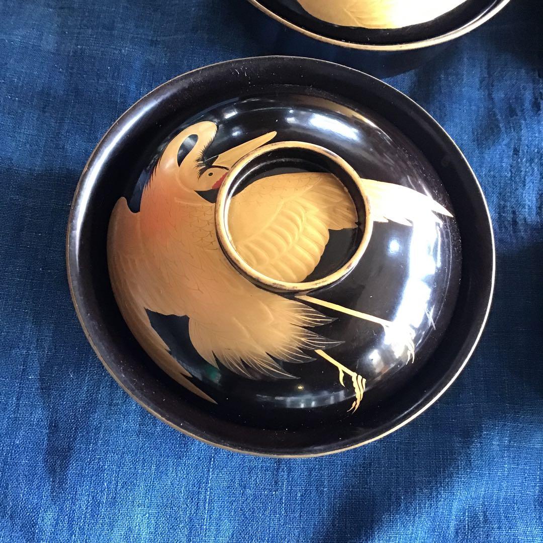 漆器 蓋付き椀 輪島塗　骨董　金蒔絵　鶴　7個セット