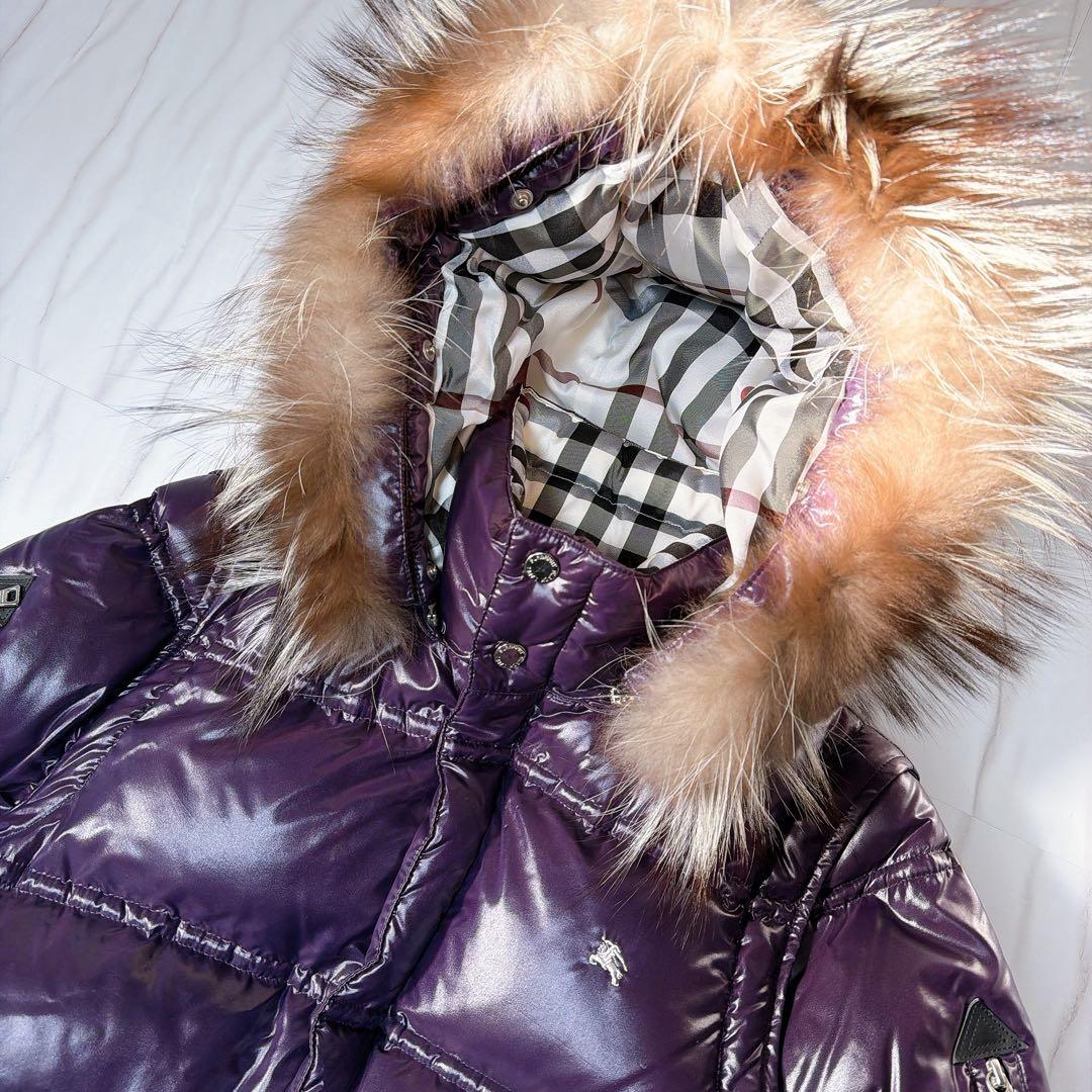 バーバリーブラックレーベル ダウンジャケット ファー ノバチェック 紺 Lサイズ