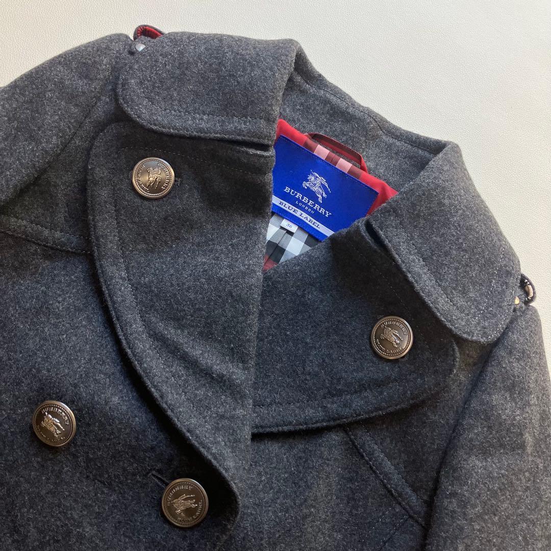極美品 バーバリーブルーレーベル 銀ボタン Pコート ノバチェック 38