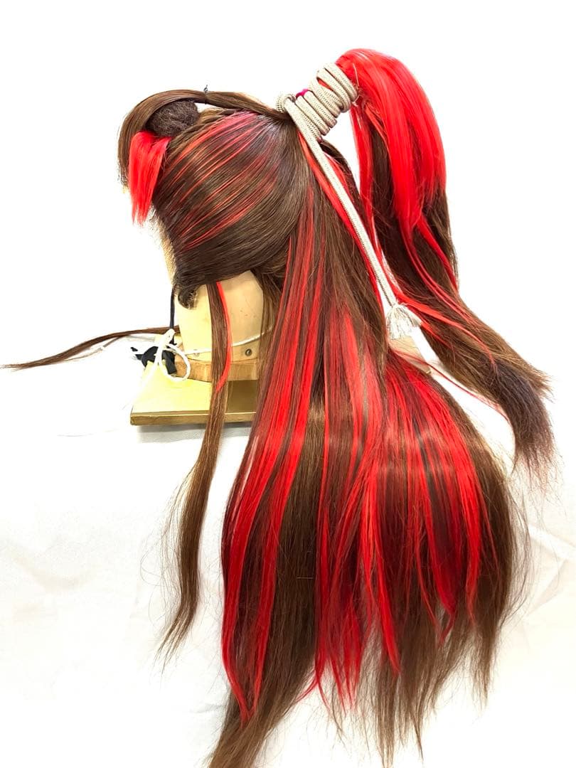 創作、中大サイズ(茶髪＋赤耐熱ファイバープラス)中古舞踊かつら、大衆演劇かつら