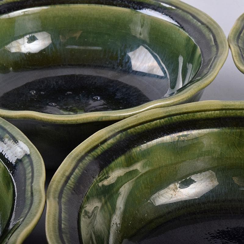 北大路魯山人作　織部焼　輪花小鉢　五客　共布　黒田陶々庵極め箱　M　R8898B