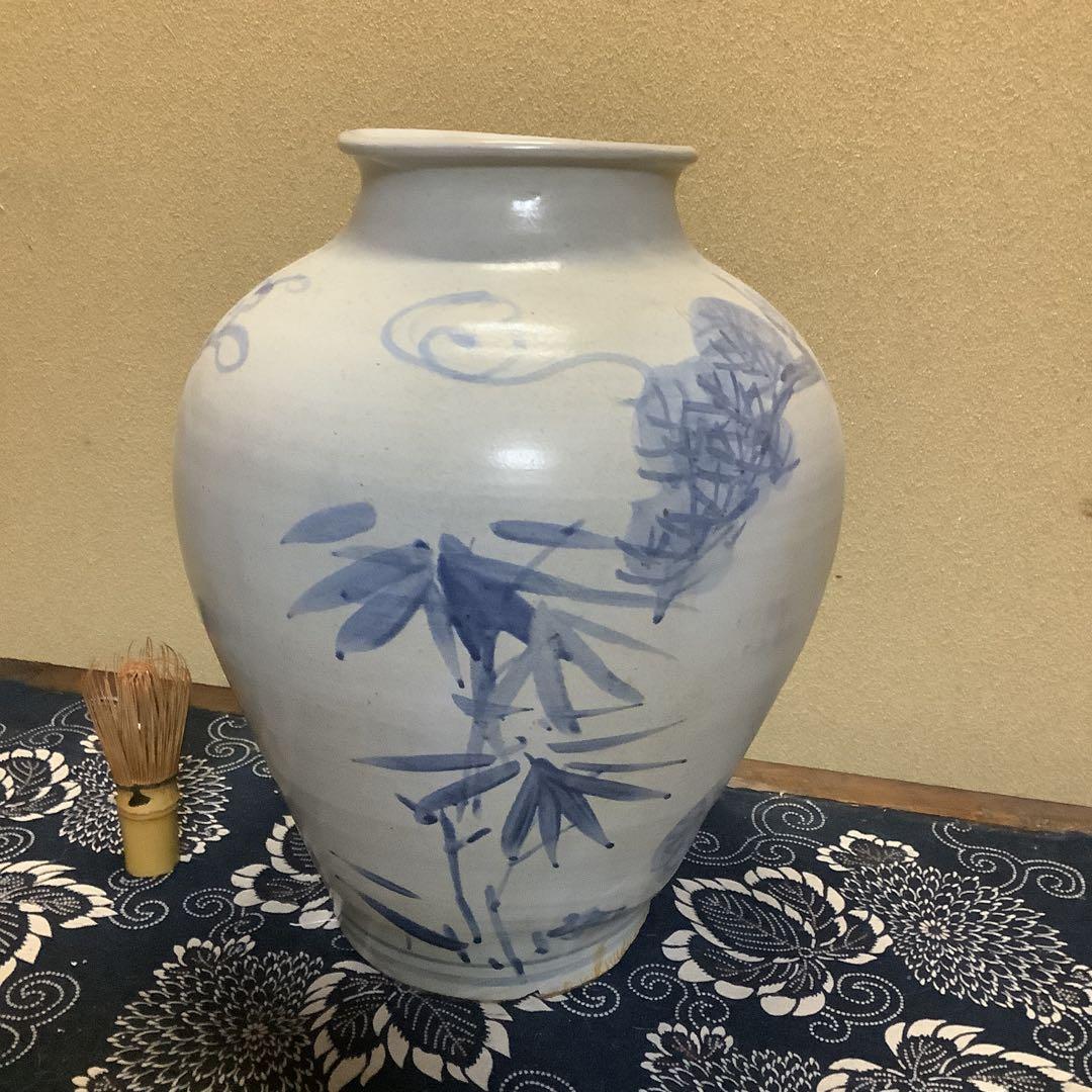 李朝　朝鮮　壺　大壺　花器　花瓶　松笹紋　砂高台　古伊万里・粉引・茶道好きにも