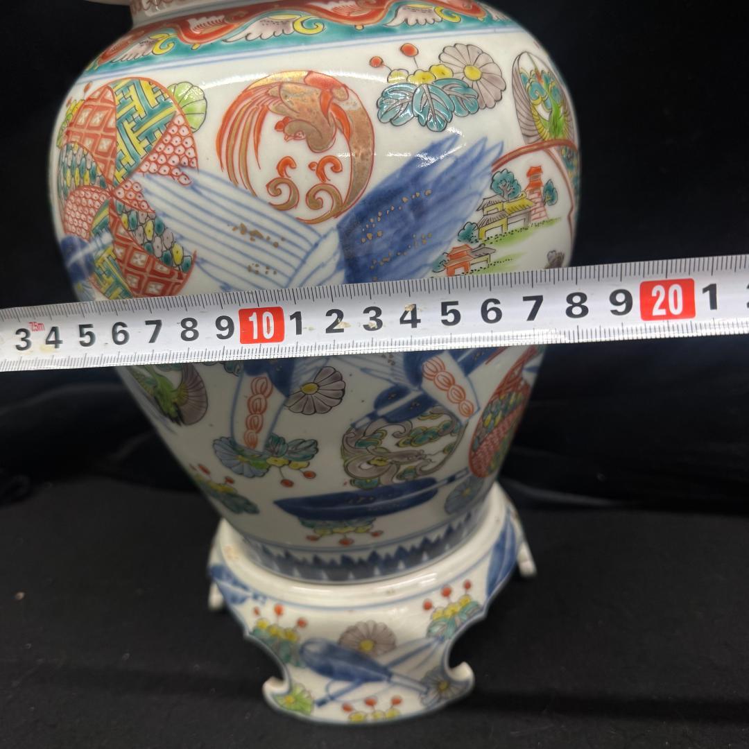 江戸時代中期　古伊万里色絵風景亀鶴図壺　沈香壷　　古美術　骨董品