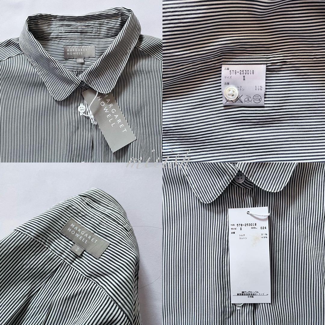 新品タグ付 マーガレットハウエル コットンシルク丸襟ストライプシャツ 3.4万