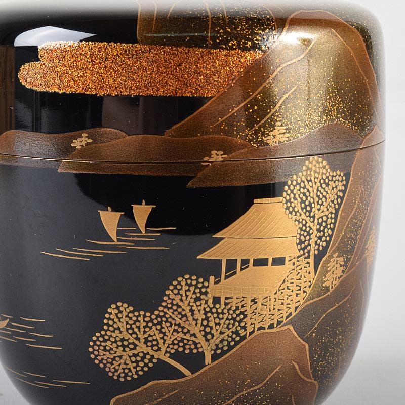 茶道具　漆匠　前端春斉作　山水蒔絵　内銀溜　黒棗　共箱　V　R8487