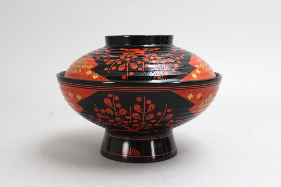 No4797秀衡塗　梅樹文蓋付椀　9客 木箱付　漆器　岩手　伝統工芸　送料無料