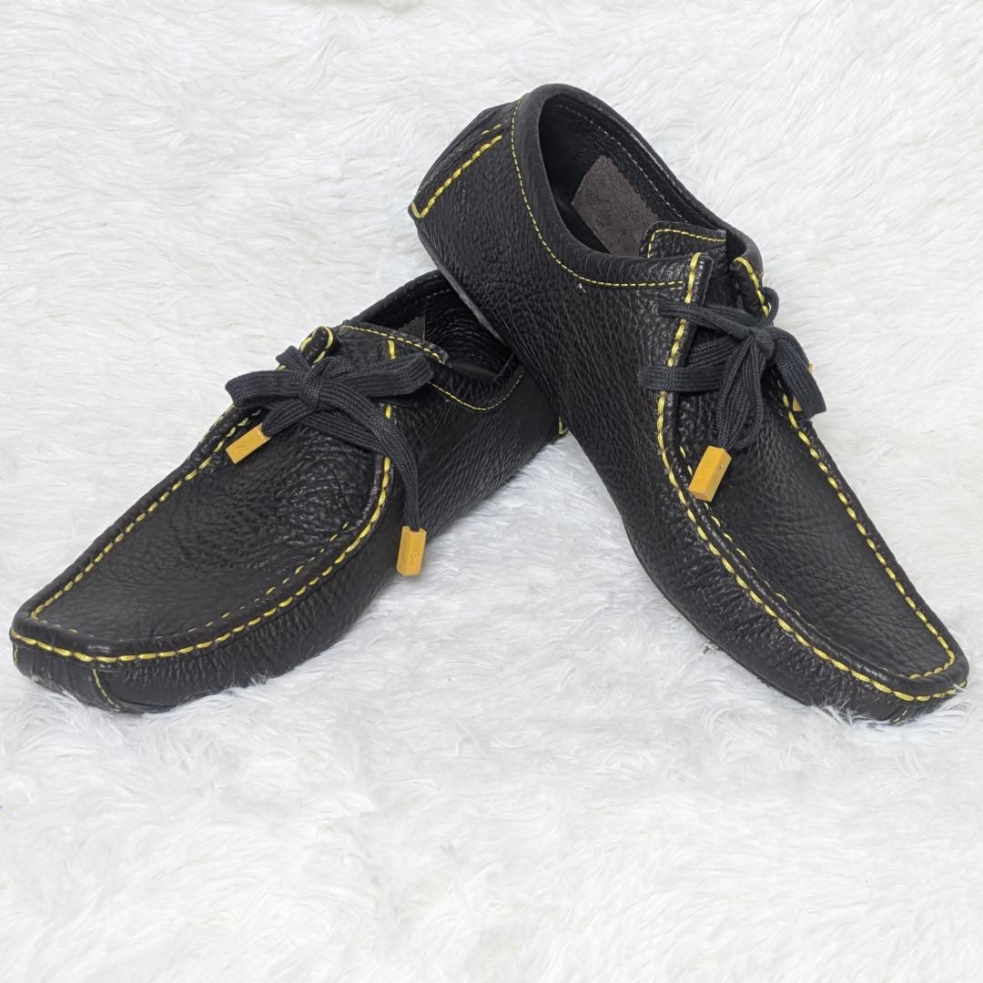 ルイヴィトン レザー ドライビングシューズ 7.5 黒×イエローステッチ メンズ