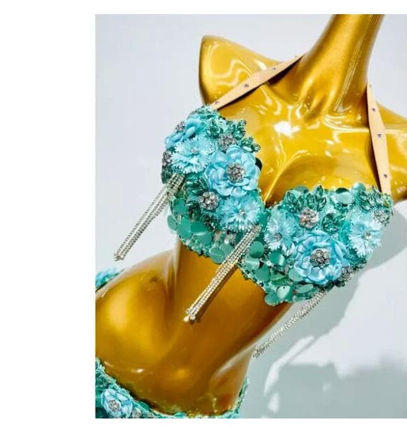 ベリーダンス　オリエンタル衣装　エメラルドブルー　人魚　発表会　スパンコール