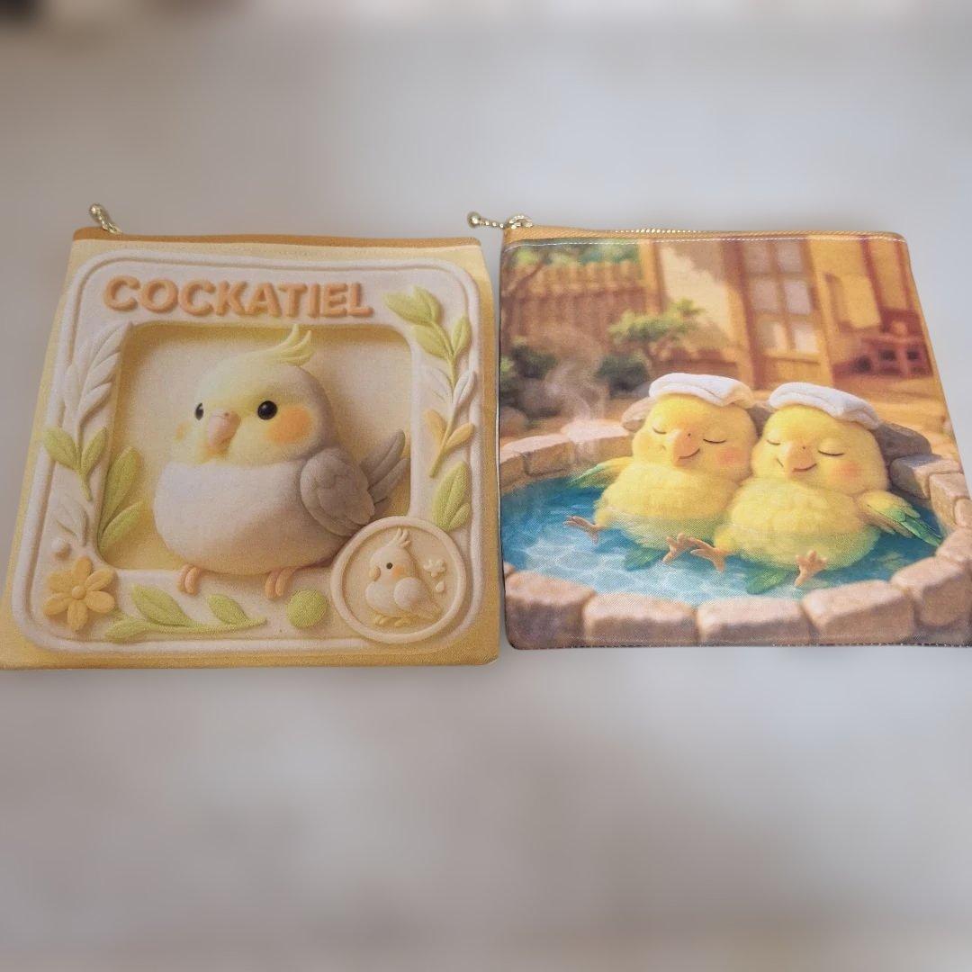 インコパネル生地　ハンドメイド　まちなしバッグ　フラットポーチ