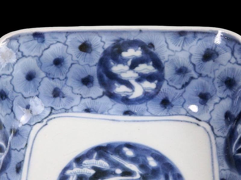 古伊万里　染付　撫子繋ぎ　丸紋に松と鶴の図 四方皿　５客　A055AS-CXs