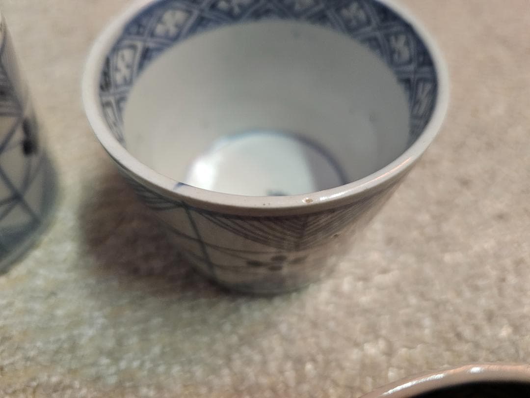 江戸後期 古伊万里 文化14年春求む 染付蕎麦猪口 幾何学模様 5客セット