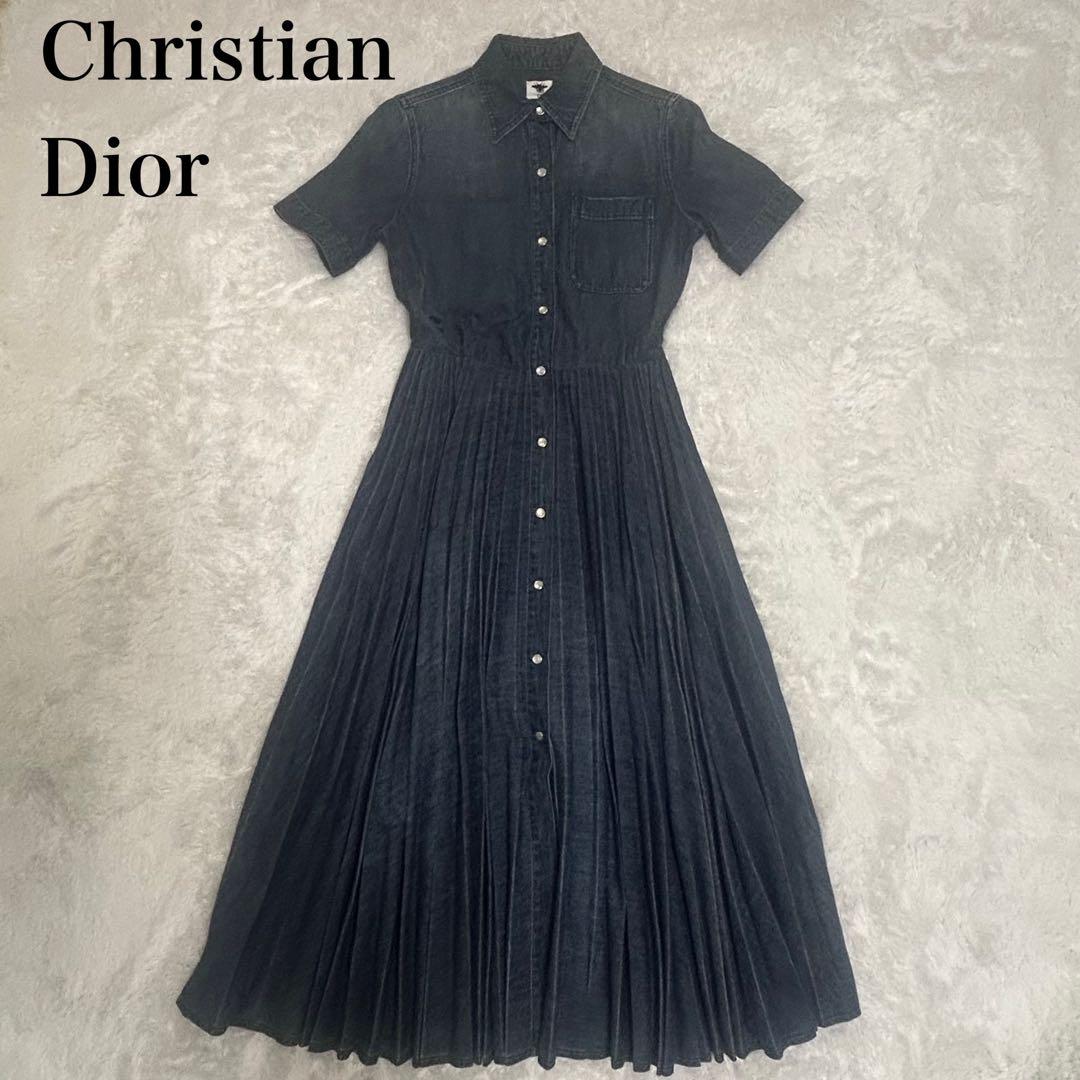 Christian Dior デニム プリーツ ワンピース 半袖 インディゴ