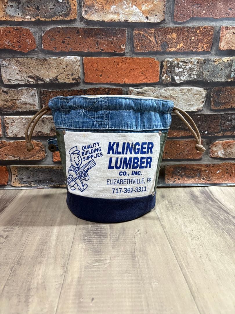 USEDデニム×ビンテージエプロン×本革リメイク　巾着バッグ