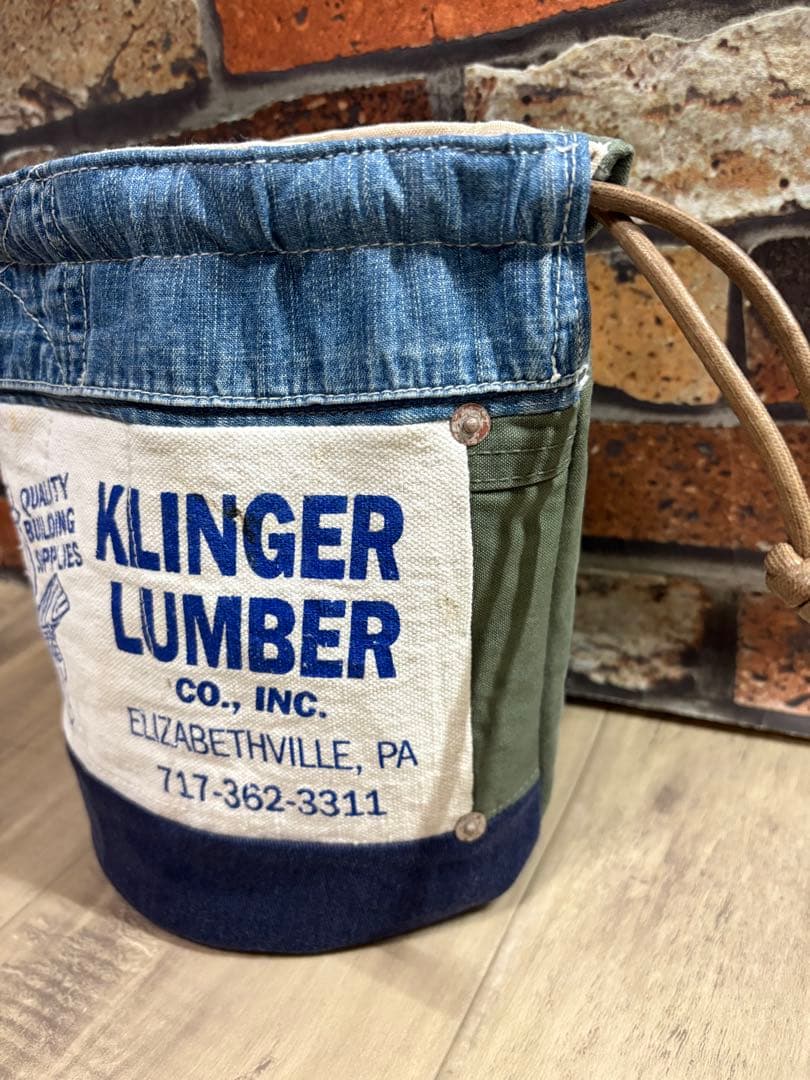 USEDデニム×ビンテージエプロン×本革リメイク　巾着バッグ