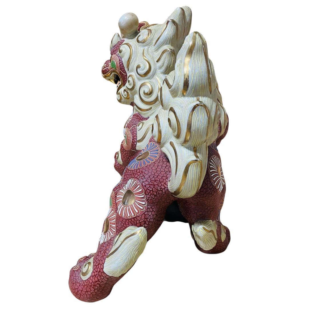 【特大】九谷焼 玉乗り 獅子 赤 金 オブジェ 縁起 厄払い 置物