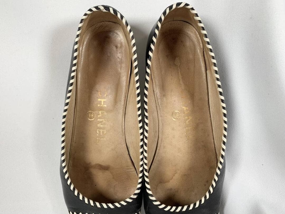 【正規】美品 シャネル CHANEL レザー パンプス フラットシューズ 6 黒