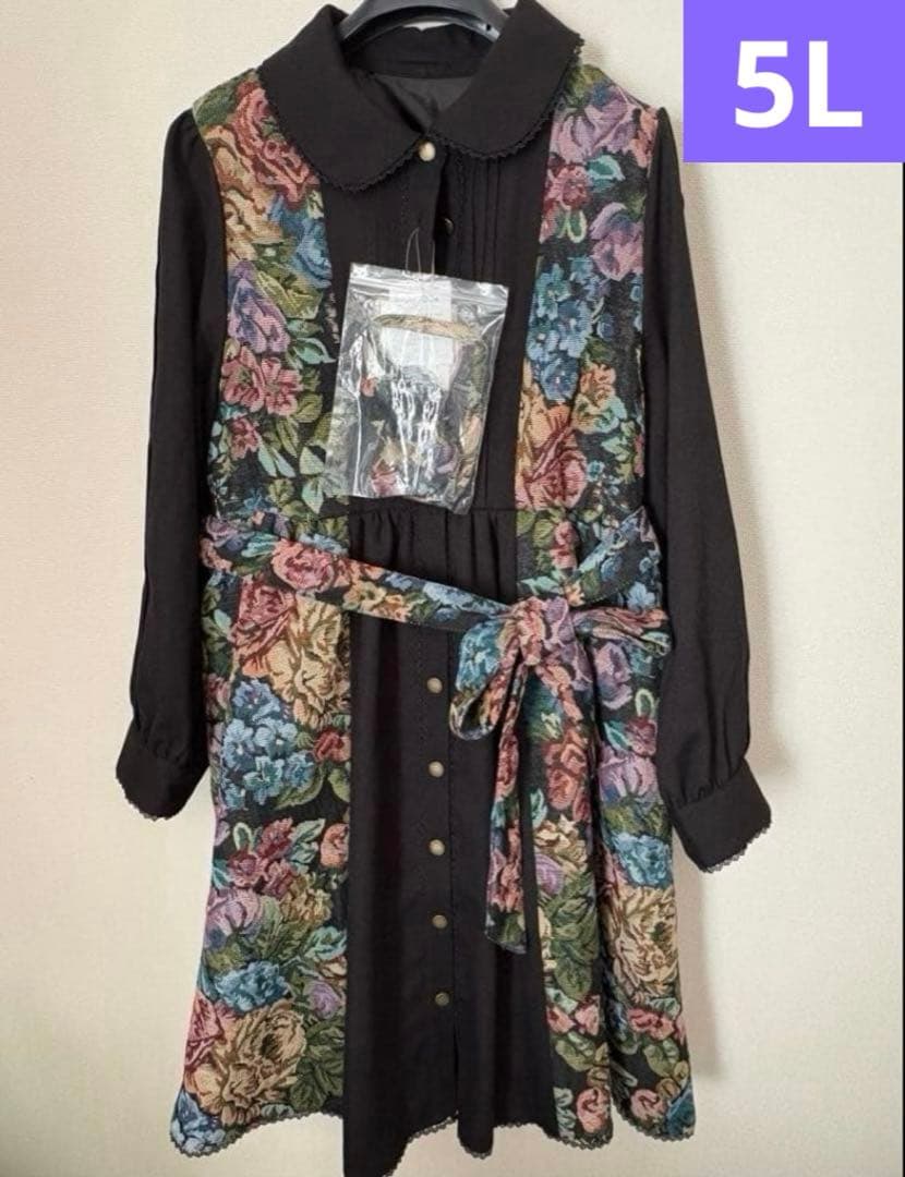 【希少・5L】新品 くる実 長袖ゴブラン織膝丈ワンピース 黒 ノエルドメモワール