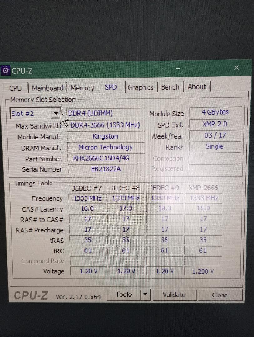 Kingstone キングストン Micron製DDR4 8GB　エラーなし