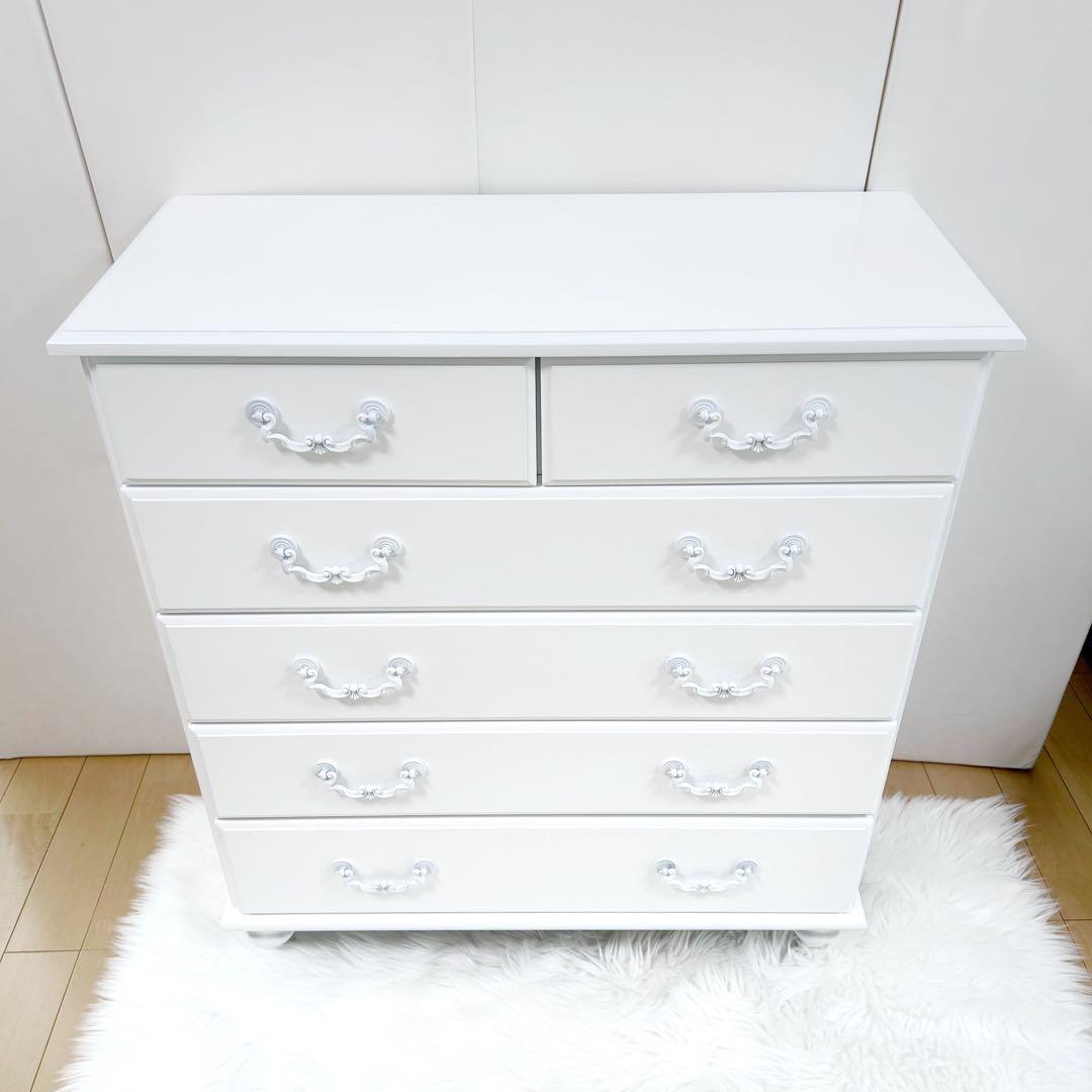 HAGIHARA 姫家具　ホワイト家具　白家具　5段チェスト　ロココ　幅80 桐