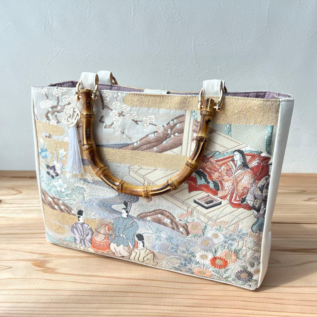 平安絵巻物バッグ 帯 リメイクバッグ 本金箔 バンブー トート 和装バッグ
