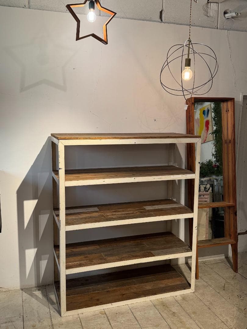 古材 オープンシェルフ アイアン スチールラック ヴィンテージ ホワイトペイント