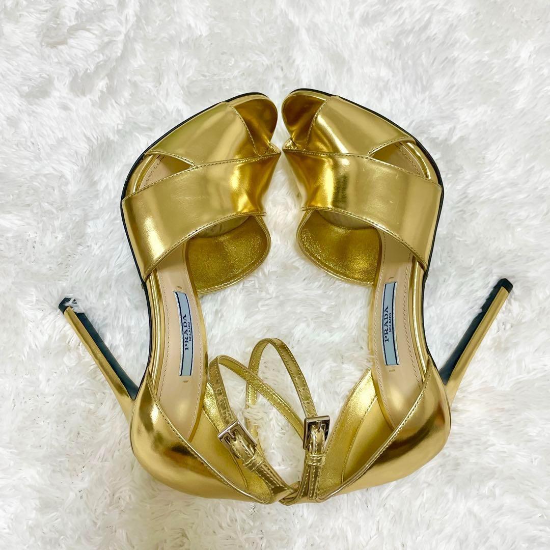 美品✨PRADA プラダ サンダル ハイヒール メタリック ゴールド 22.5