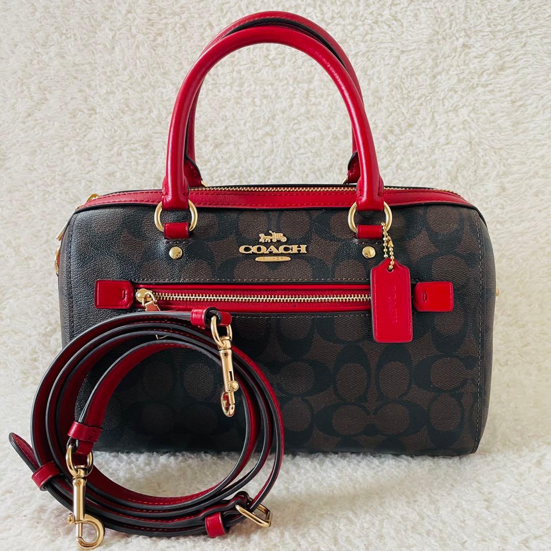 【美品】coach ミニボストン 2way ショルダーバッグ シグネチャー 赤