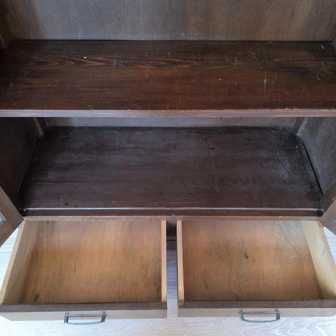 昭和レトロ ガラス戸付き木製本棚　アンティーク食器棚　鱗ガラス　ハンドメイド