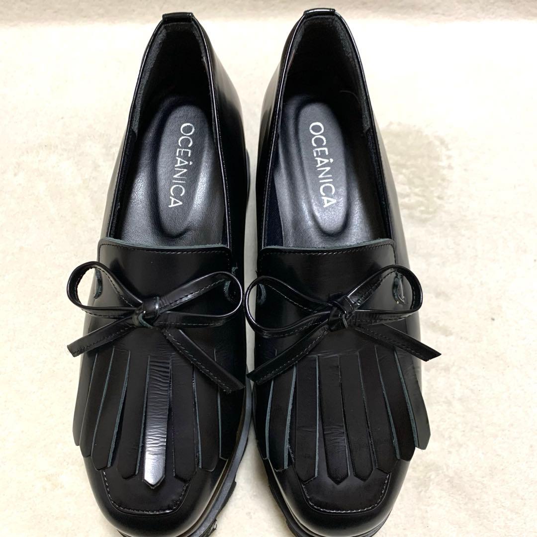 美品【ヒルズアベニュー】リアルレザー　厚底シューズ シャークソール　リボン