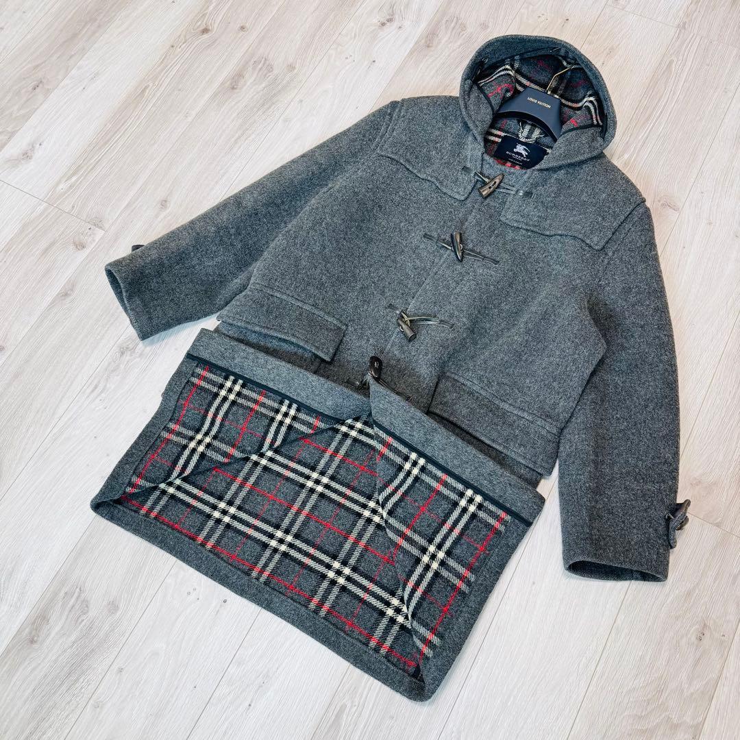 【XL相当】バーバリーロンドン　ダッフルコート　ノバチェック　グレー　英国製