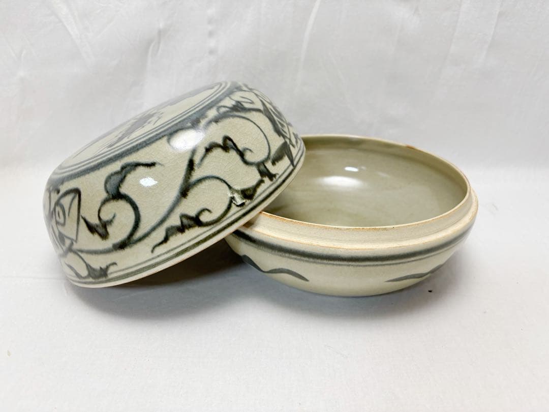 未使用 茶道具 清虚窯 平山秀 山女魚紋 喰籠 菓子鉢 茶道 陶印 共布 共箱