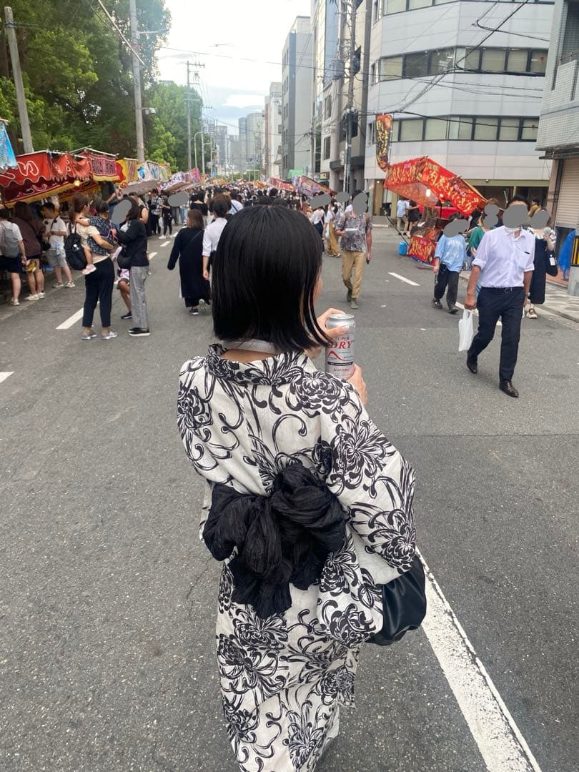 白黒花柄 浴衣・帯3点セット