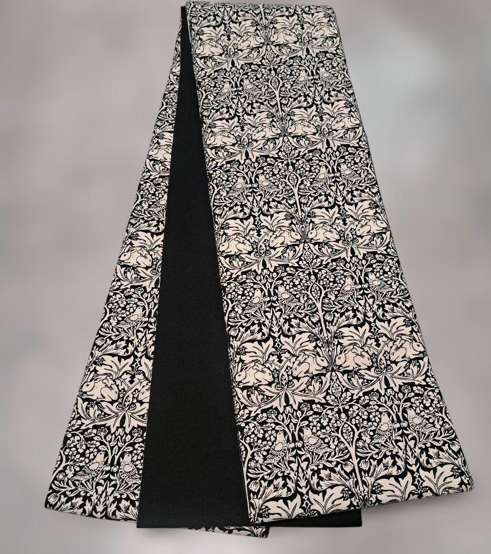 半幅帯　長尺　ウィリアムモリス　兄弟うさぎ　ブラックベース×国産コットンリネン