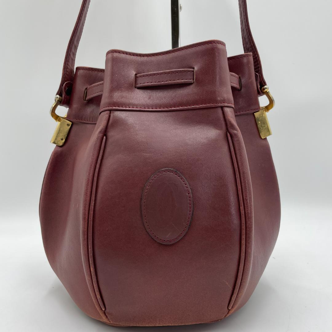 良品 Cartier ショルダーバッグ レザー ボルドー マストライン 巾着