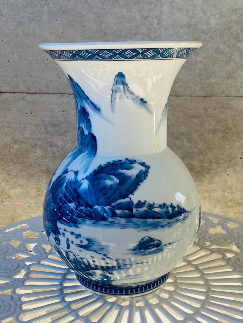 青白磁 山水画 フラワーベース