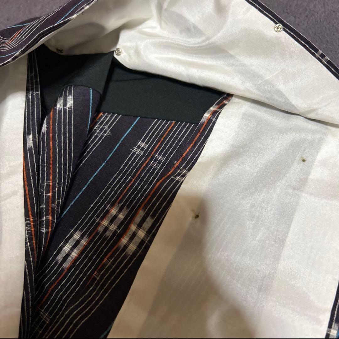 未使用近い　美品　単衣　正絹　紬　小紋　琉球絣柄　十日町紬系　フルセット　4点