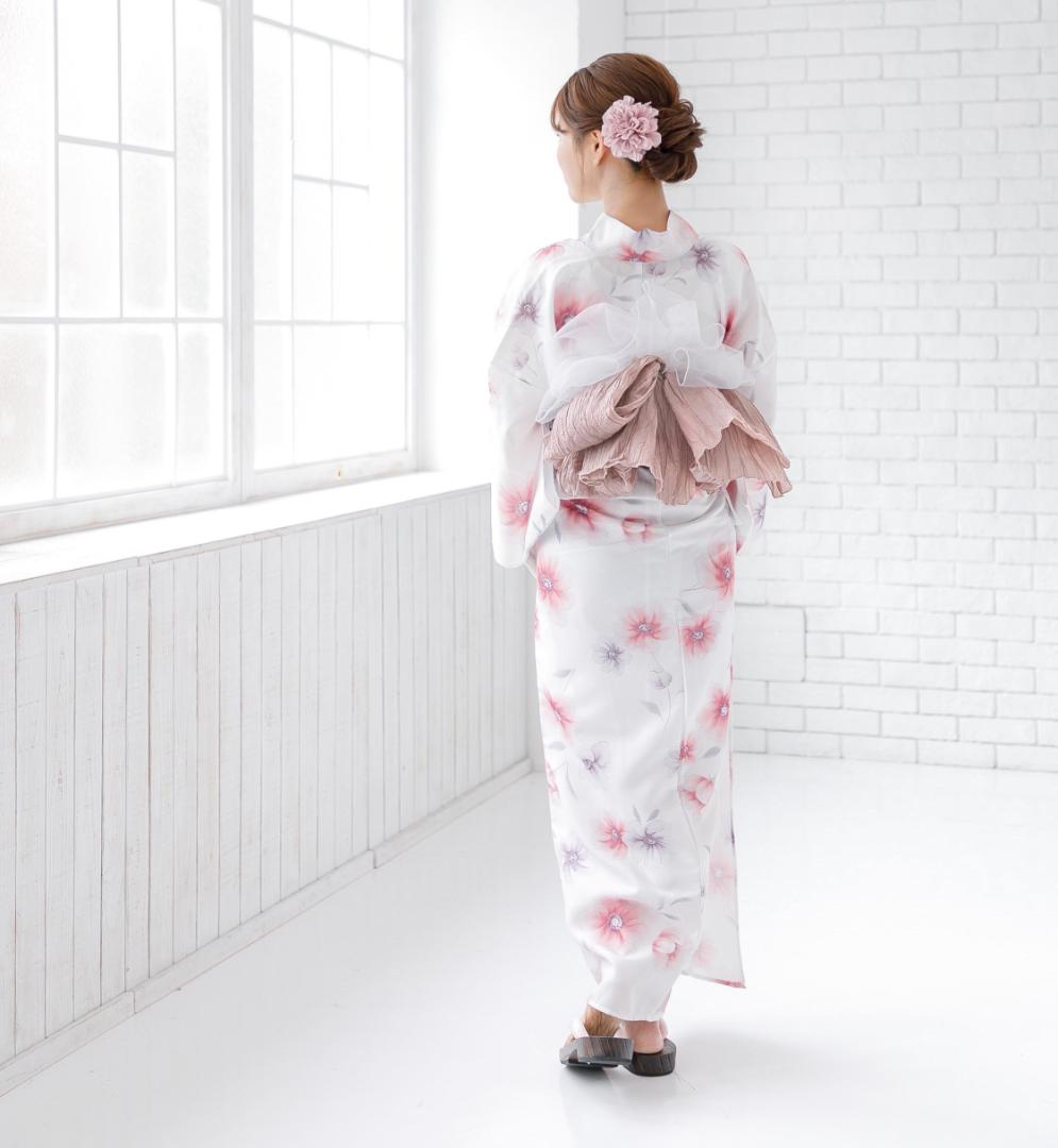 薄紫色花柄浴衣・帯セット＋オーガンジー白兵児帯