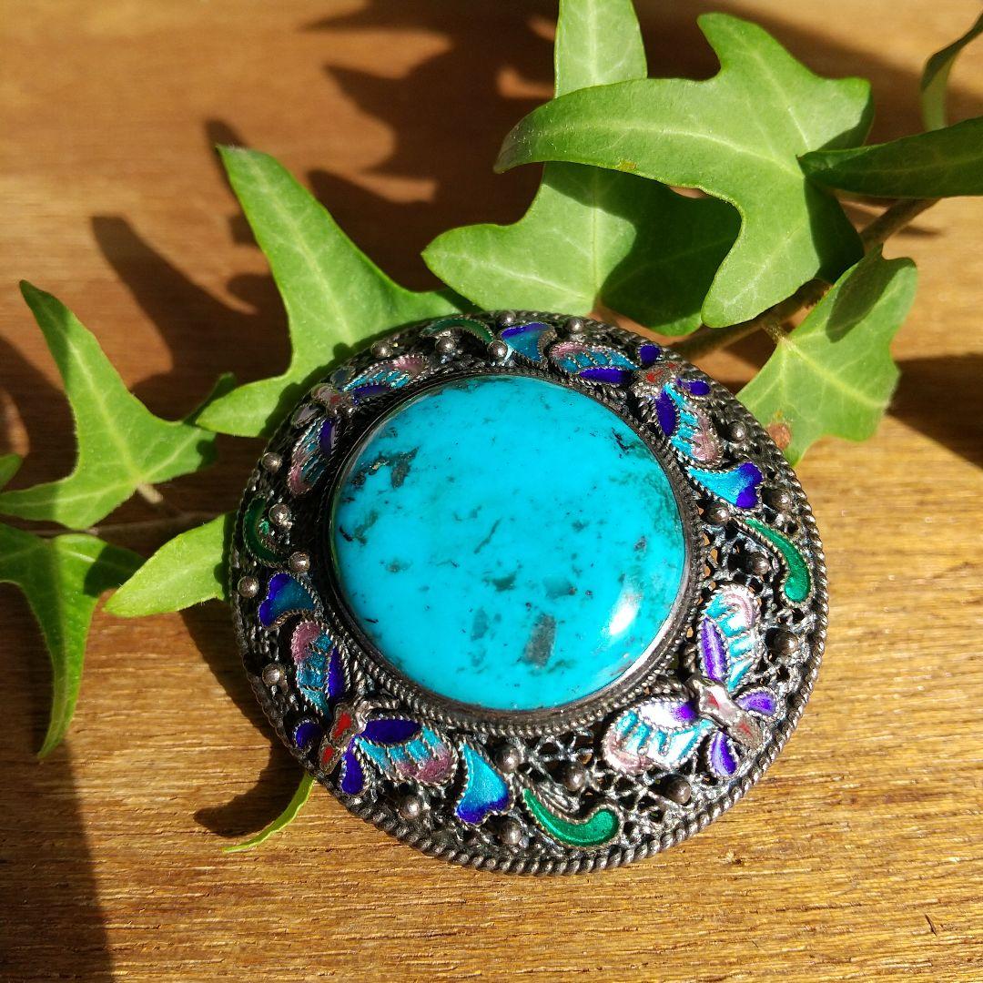 更に更に値下げ❗️ヴィンテージ SILVER×トルコ石七宝焼の帯留めブローチ