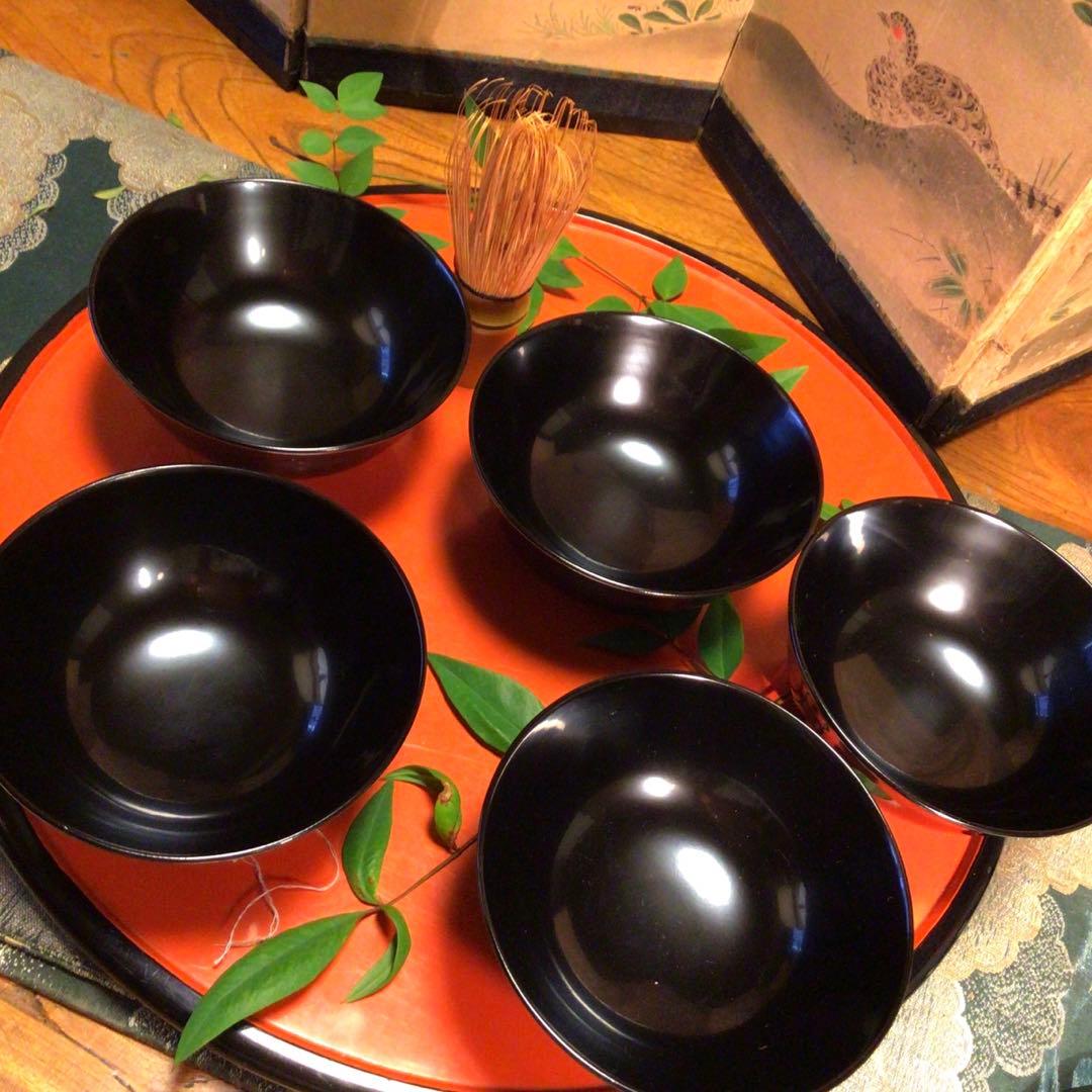 A762 木製輪島塗　懐石道具　黒塗　鶴に紅葉蒔絵　吸い物椀　　5客