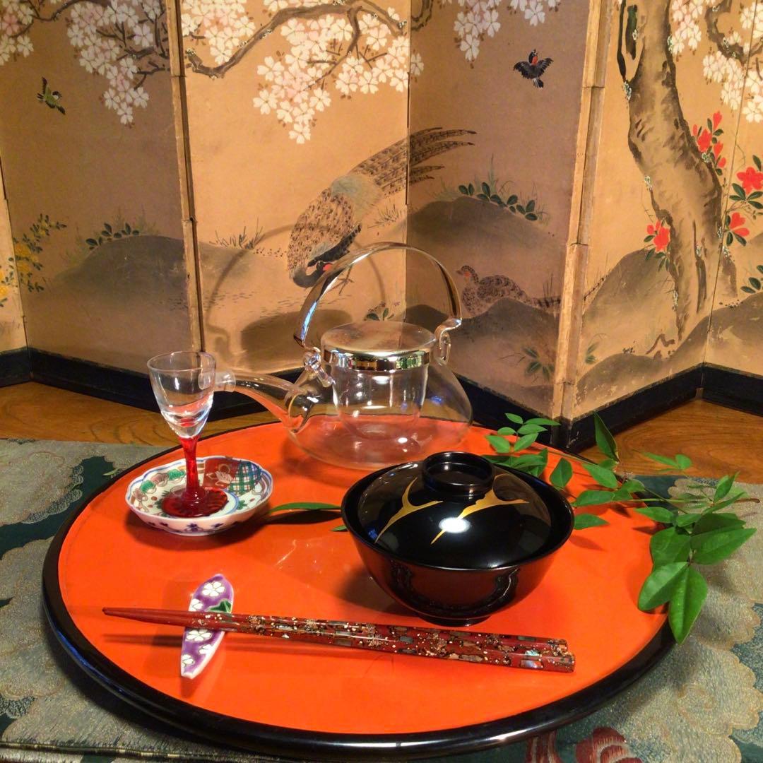 A762 木製輪島塗　懐石道具　黒塗　鶴に紅葉蒔絵　吸い物椀　　5客