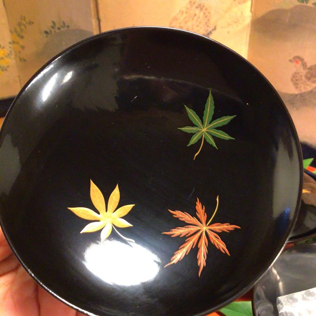 A762 木製輪島塗　懐石道具　黒塗　鶴に紅葉蒔絵　吸い物椀　　5客