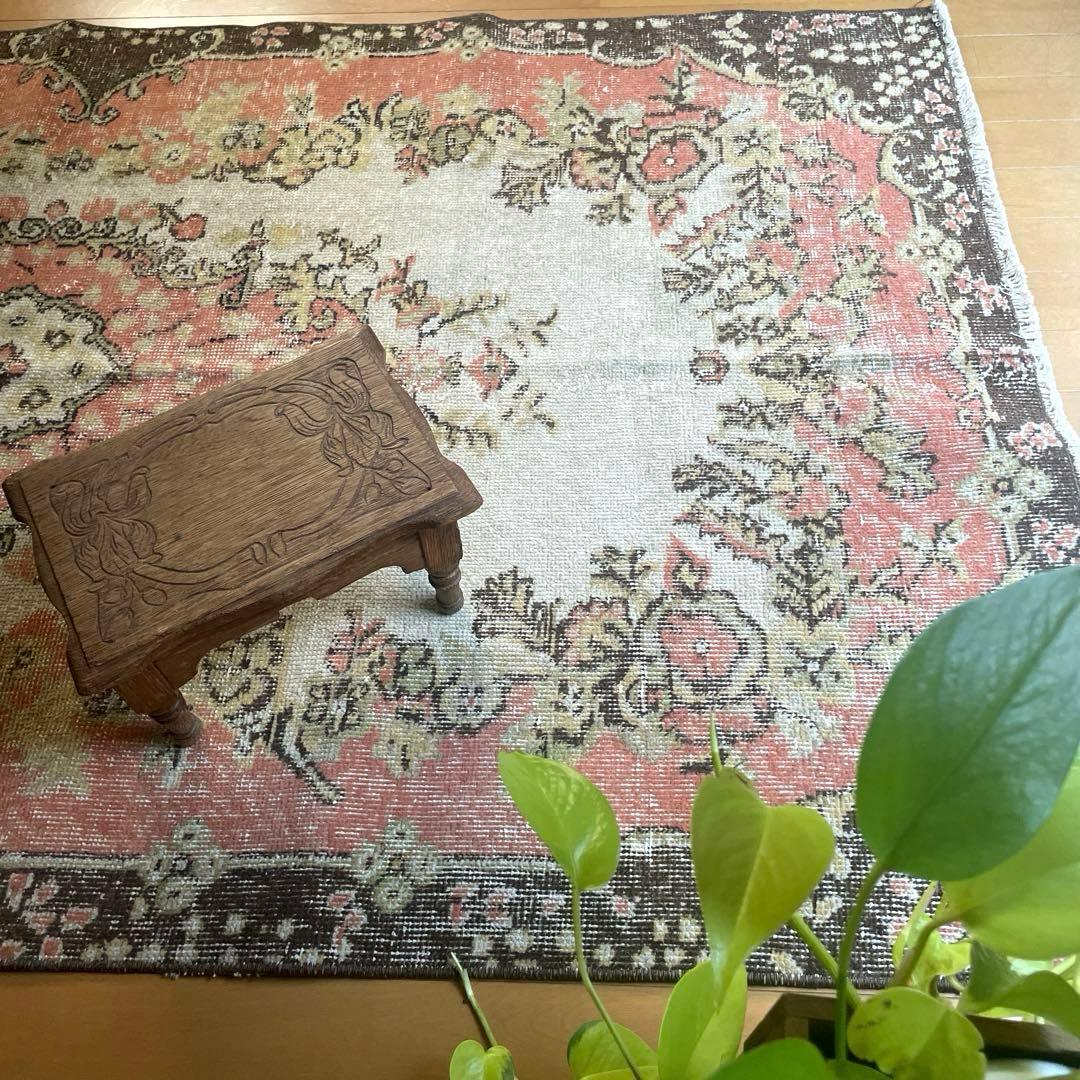 111×203くすみサーモンピンク　フローラルメダリオン　トルコヴィンテージラグ